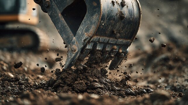 A close-up of an excavator&rsquo;s bucket scooping dirt from the ground