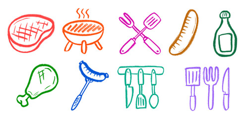 Barbeque Grill Related Icons Crayon Chalk Drawing Doodle Vector Set © Grunge Designs