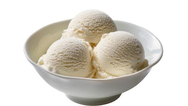 Three scoops of vanilla ice cream in a white bowl