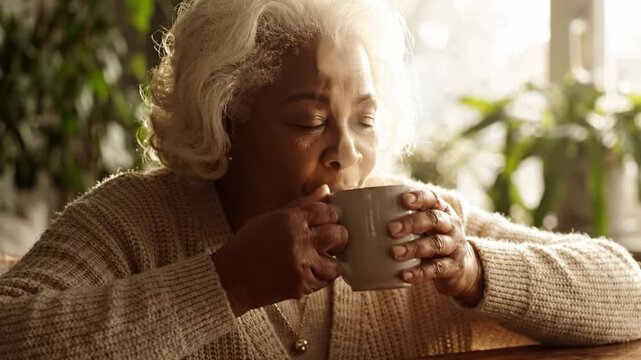 An Elderly Woman Relishes a Moment of Serenity While Sipping a Warm Beverage, Embracing the Warmth and Comfort of Cozy Indoor Spaces with Soft Natural Light