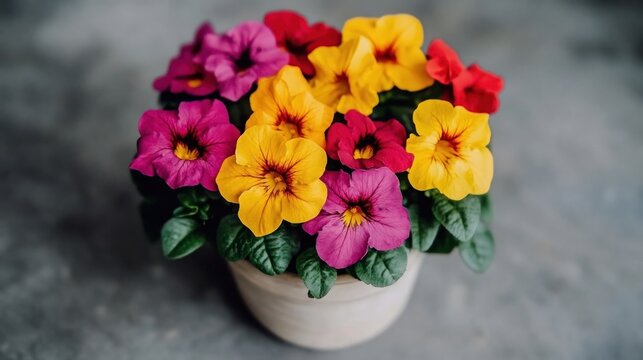 Vibrant potted primroses in bloom with colorful petals.