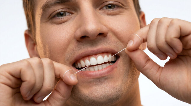 Man dental flossing his teeth for proper oral hygiene care