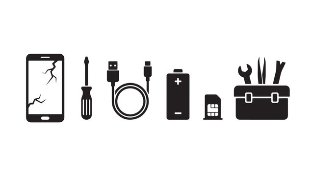 Mobile phone repair and maintenance tool kit icons collection with smartphone screwdriver tweezers hardware technical maintenance electronics engineering professional restoration assembly
