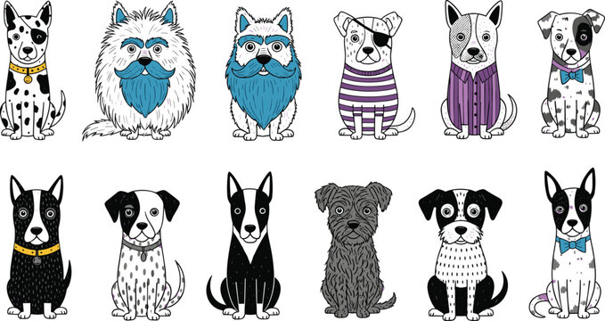 Funny hipster dogs character set vector doodle illustration featuring various breeds with beards clothes and eyepatches