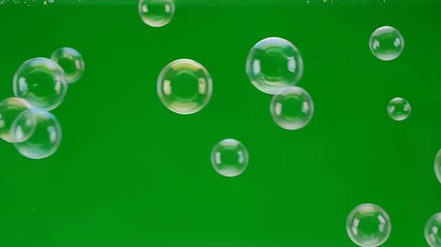 Soap bubbles floating on a green screen background for easy compositing and visual effects project