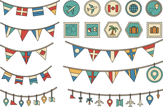 Colorful travel icons and flags on white background for design