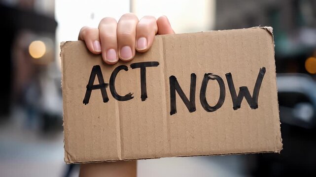 Act now sign held by a person in a protest for climate change awareness and social justice action