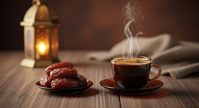 Date fruits and coffee with an ornate lantern on a wooden table, steam rising