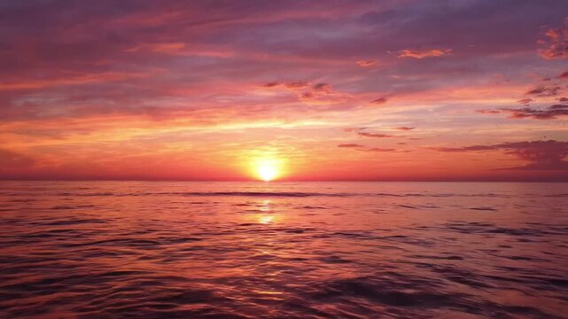 A breathtaking display of nature's beauty as the sun sets over the calm ocean, casting vibrant hues of orange, pink, and purple across the serene sky during twilight.