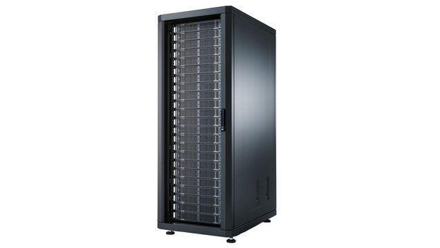 Black server rack cabinet with perforated door and side panels
