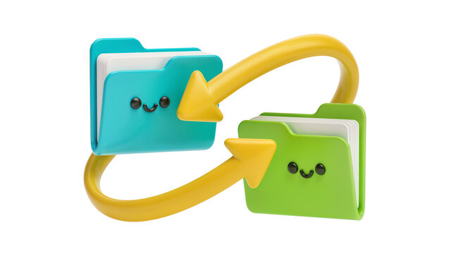 Cute cartoon file folders transferring data with yellow arrows
