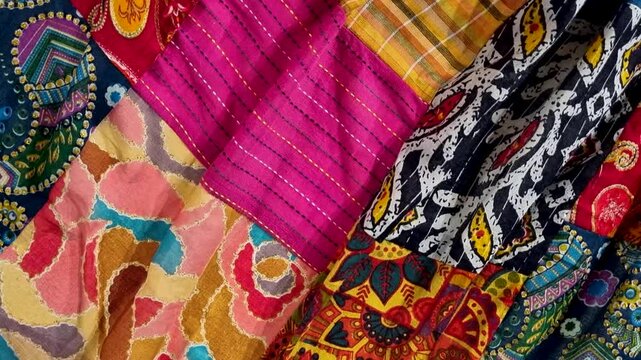Vibrant assortment of colorful traditional patchwork fabrics and textiles