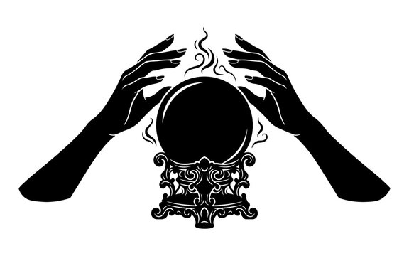 Silhouette of a psychic fortune teller hands hovering over a magical crystal ball