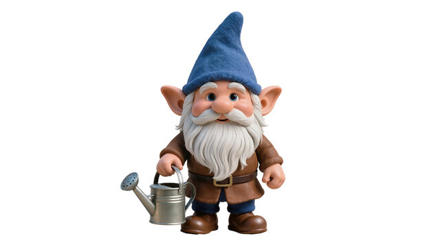Garden gnome with blue hat holding watering can