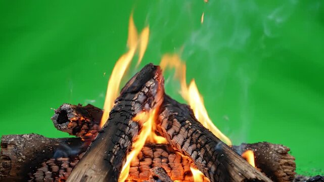 Captivating Flames Dance Over Charred Logs, Emitting Wisps of Smoke Against a Vibrant Green Backdrop, Creating a Dreamy Atmosphere of Warmth and Comfort