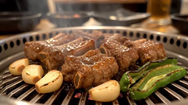 Grilled pork ribs with garlic and green pepper cooking on a hot charcoal barbecue grill at dinner