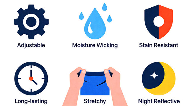 Six characteristic icons for sports equipment, representing the concept of adjustable stain resistance, long-lasting elasticity, and night reflection, suitable for labeling sports apparel products.
