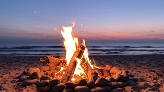 A Cozy Beach Campfire at Dusk, Flames Dancing Amidst a Stone Circle, Casting Warm Light Against the Serene Twilight Ocean Background