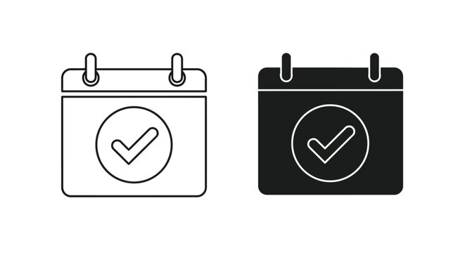 Calendar with checkmark icon black and white symbol for scheduling or event completion.