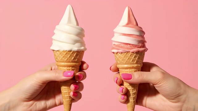 Ice cream cones held by hands with pink nails against a vibrant solid pastel pink background shot