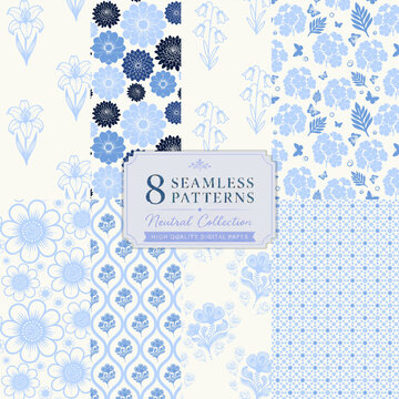 Classic blue and white seamless floral and geometric pattern collection
