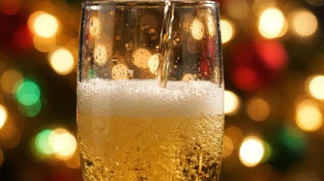 A glass being filled with sparkling golden liquid, capturing the effervescent bubbles and festive bokeh background in a celebration atmosphere.