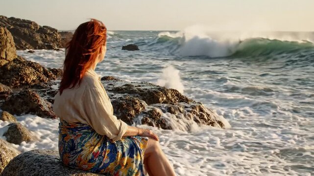 A Serene Moment by the Sea: A Woman Contemplates Life Amidst the Turquoise Waves and Golden Sunsets on Rocky Shores