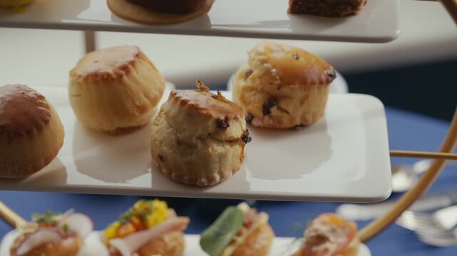 Elegant afternoon tea selection displayed on a tiered serving tray