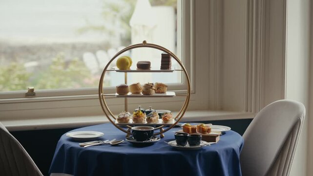 Elegant afternoon tea set on a blue tablecloth near a window