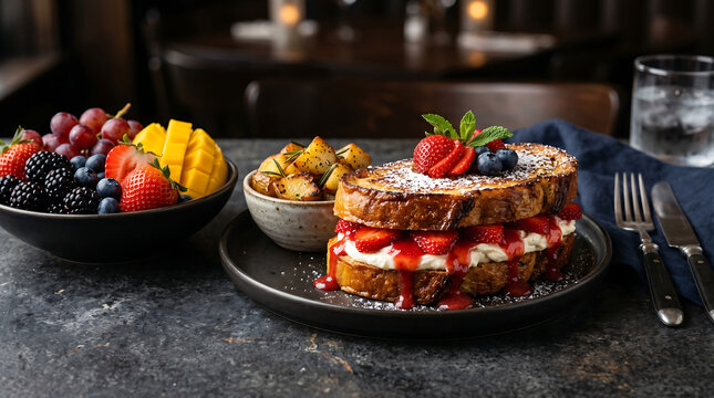 Gourmet french toast with mixed berries and fruit bowl in restaurant setting