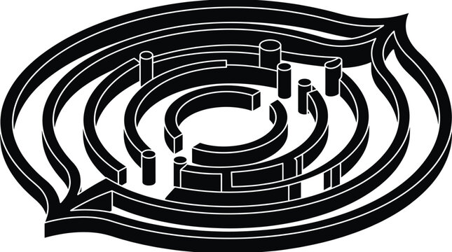 Abstract 3d labyrinth, circular eye shaped maze puzzle concept, black geometric lines pattern, isolated vector illustration