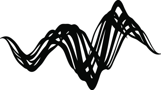Abstract black distorted wavy lines, overlapping dynamic frequency soundwave curves pattern, isolated on white background, vector illustration