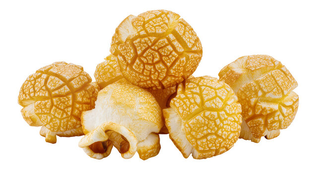 Golden brown popcorn kernels with intricate patterns