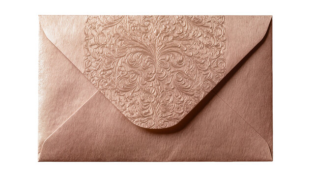Rose gold envelope with embossed floral pattern, isolated on transparent background
