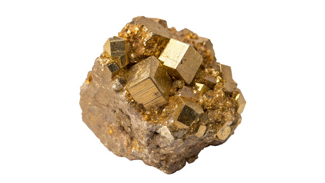 Natural raw shiny golden pyrite mineral crystal nugget isolated on a transparent background gemstone asset