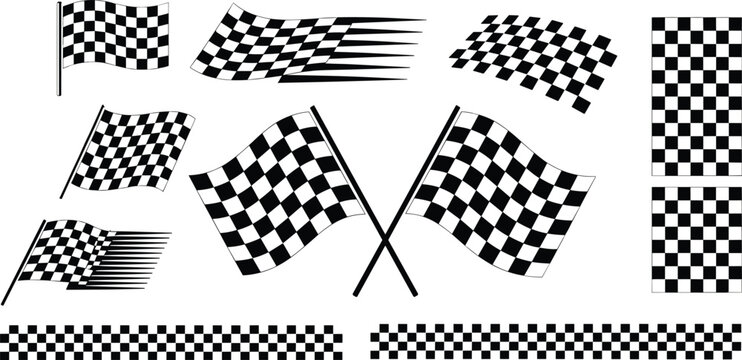 Racing checkered flag vector illustration set with crossed flags speed trails and sport championship borders