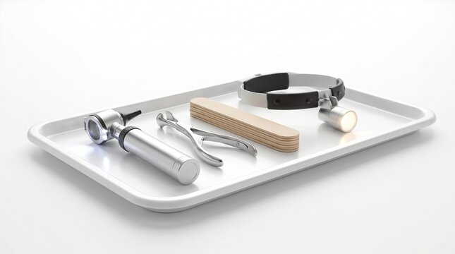 ENT examination tools on sterile tray with otoscope, nasal speculum, tongue depressors and headlamp, otolaryngology diagnostics and ear nose throat care concept.