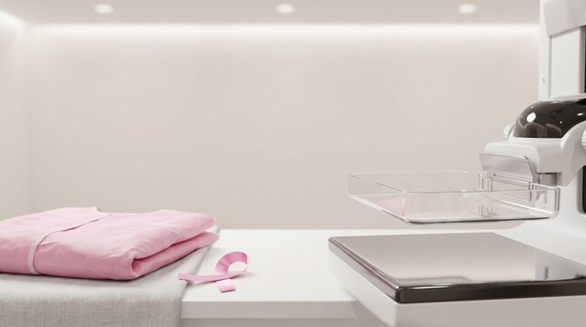 Mammography screening room with breast compression plate, folded pink gown and awareness ribbon, breast cancer detection and women&rsquo;s health diagnostics concept.