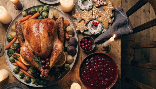 A Generous Overhead View of a Rustic Holiday Feast Featuring a Golden Roasted Turkey and Festive Accompaniments