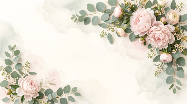 Watercolor floral border with pink roses and green leaves on cream background