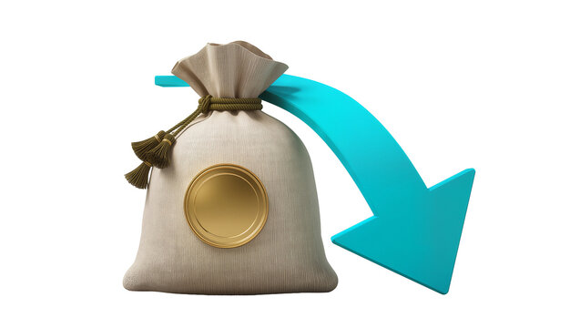 Money bag with gold emblem and downward blue arrow