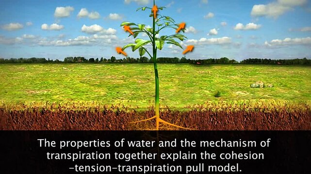 3D animation showing cohesion-tension theory driving transpiration pull of water in xylem.