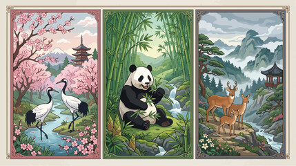Obraz premium Three decorative vertical panels featuring a peaceful panda sitting in bamboo alongside elegant cranes and deer in a serene landscape