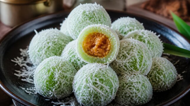 Closeup view of colorful onde onde green pandan dessert balls covered in shredded coconut, a delightful sweet treat
