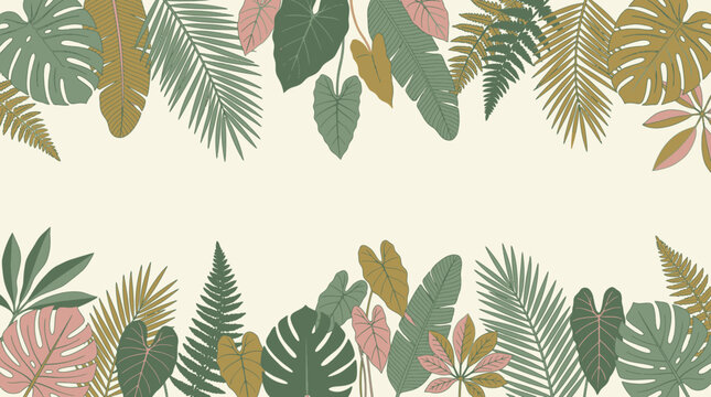 Tropical foliage border with colorful leaves and ferns