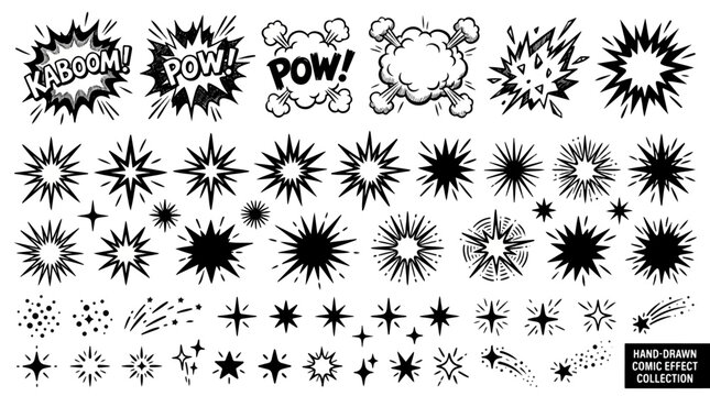 Comic burst vector element set with hand drawn black and white splash bubbles explosion stars and kaboom pop sound effects.