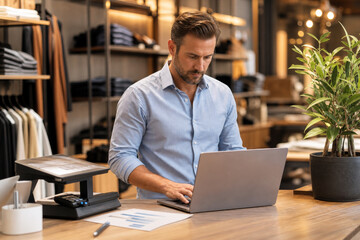 Fototapeta premium Dedicated proprietor refining his small business financial success at the counter