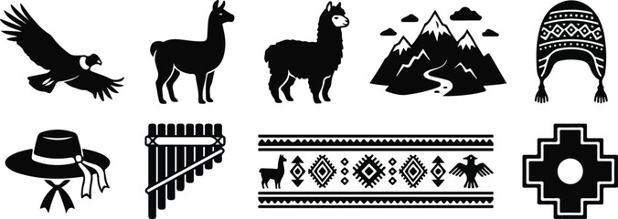 Andean Culture Traditional Symbols and Wildlife Vector Illustration Set © thea_sketch
