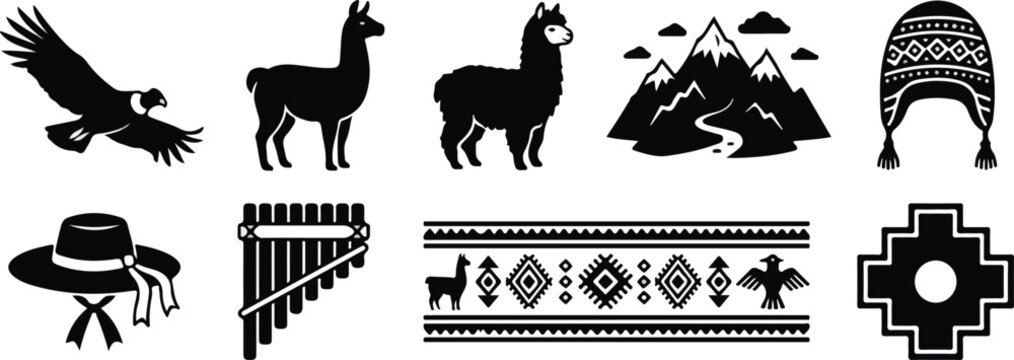 Andean Culture Traditional Symbols and Wildlife Vector Illustration Set