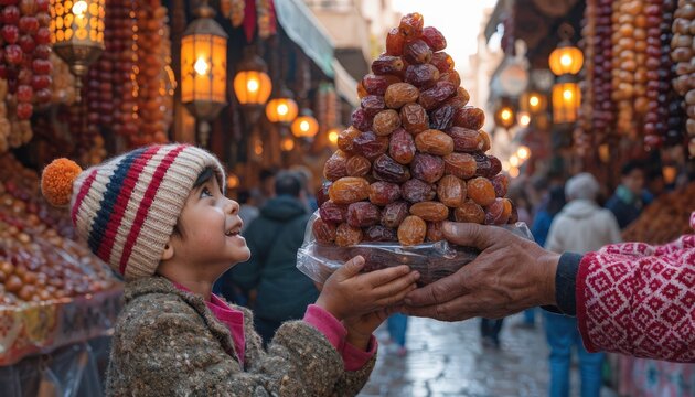 Joyful child receives abundant dates at a bustling Ramadan market, illuminated by ornate lanterns.